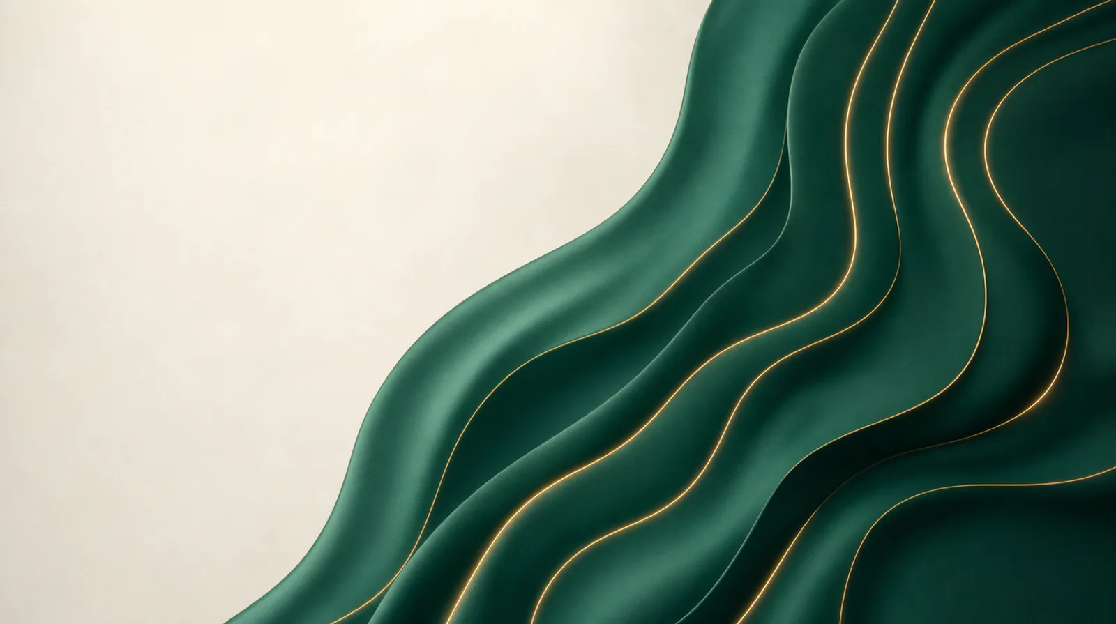 Flowing layered green silk ribbons traced with fine gold contour lines